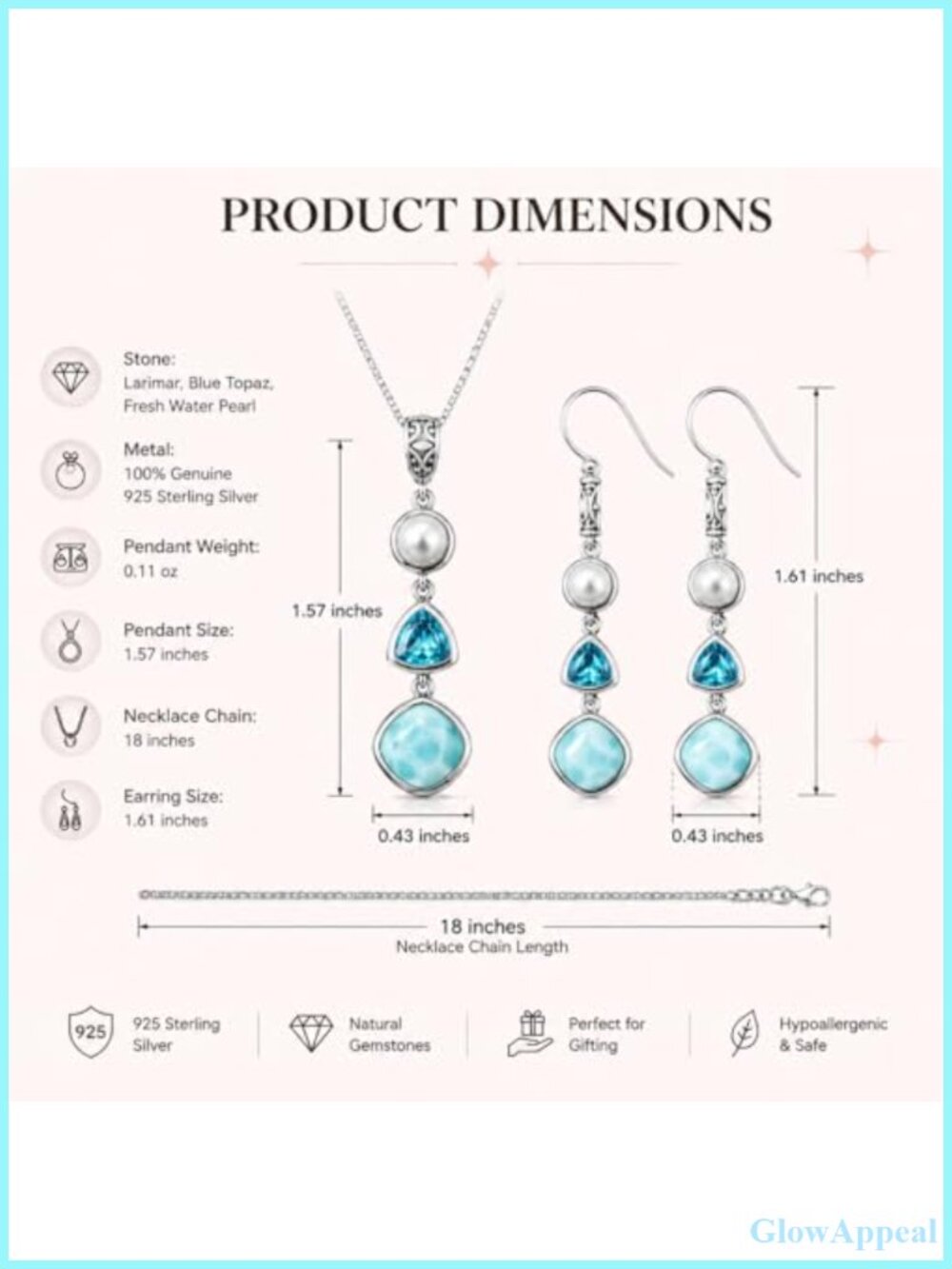 Larimar Blue Topaz Freshwater Pearl Necklace Earrings Set 925 Sterling Silver - Picture 3 of 6